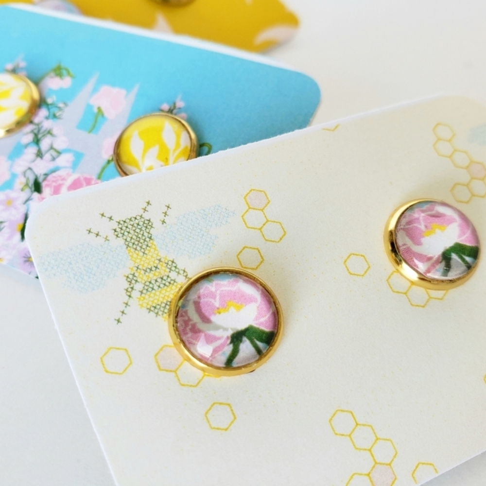 Pink Peony Art Earrings in Gold